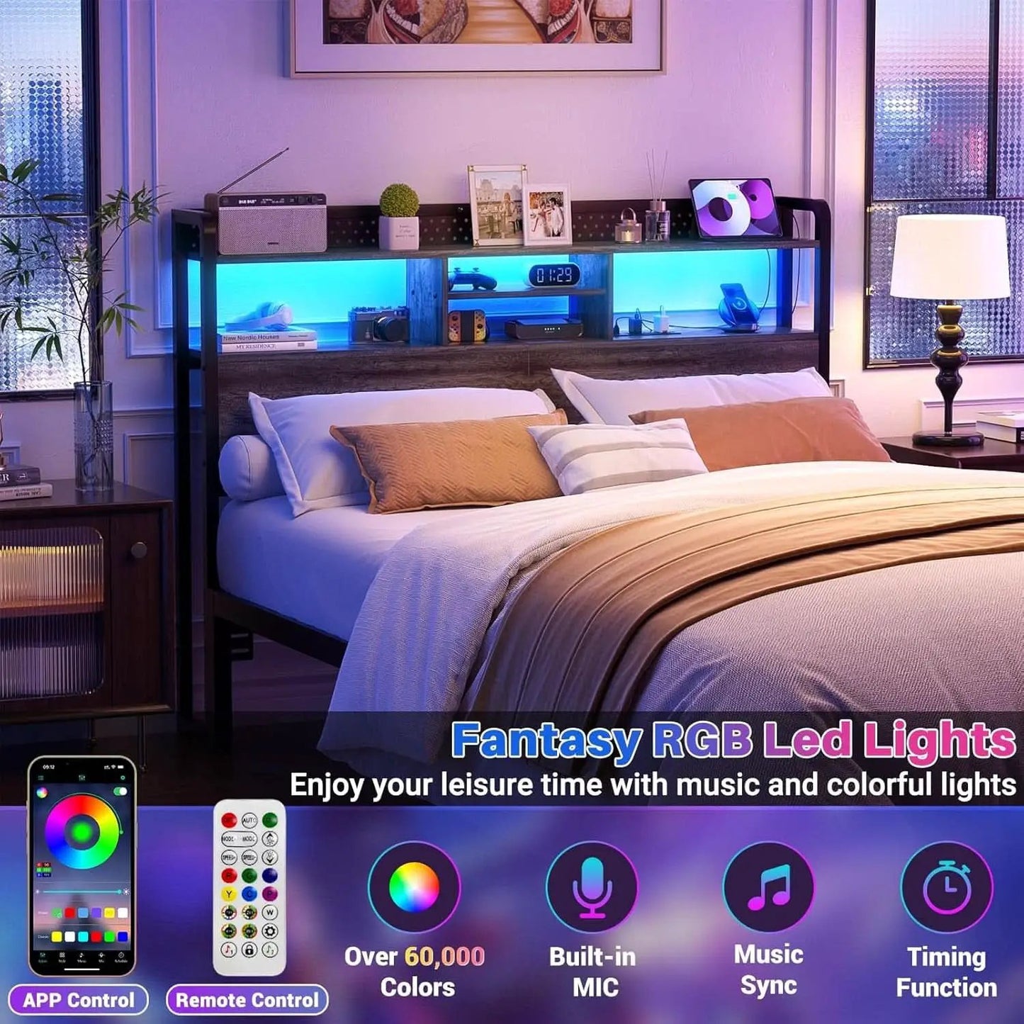 Queen Size Headboard With Storage Shelf And USB Ports from PriceLows™