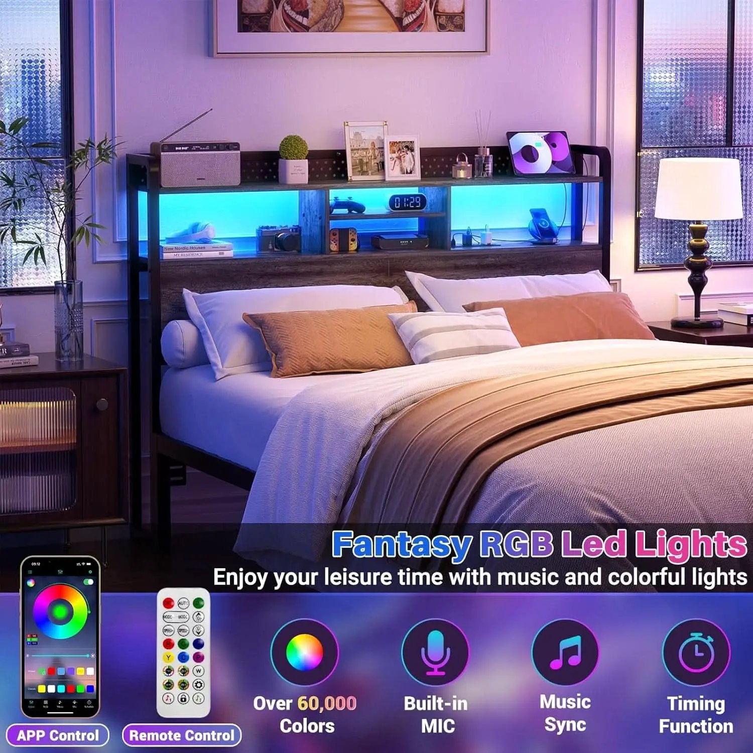 Queen Size Headboard With Storage Shelf And USB Ports from PriceLows™
