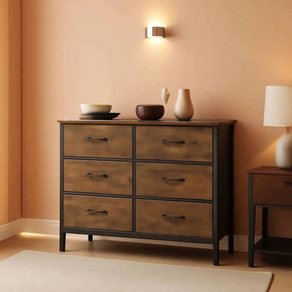 Rustic Brown 8 Drawer Fabric Dresser With Wooden Top from PriceLows™