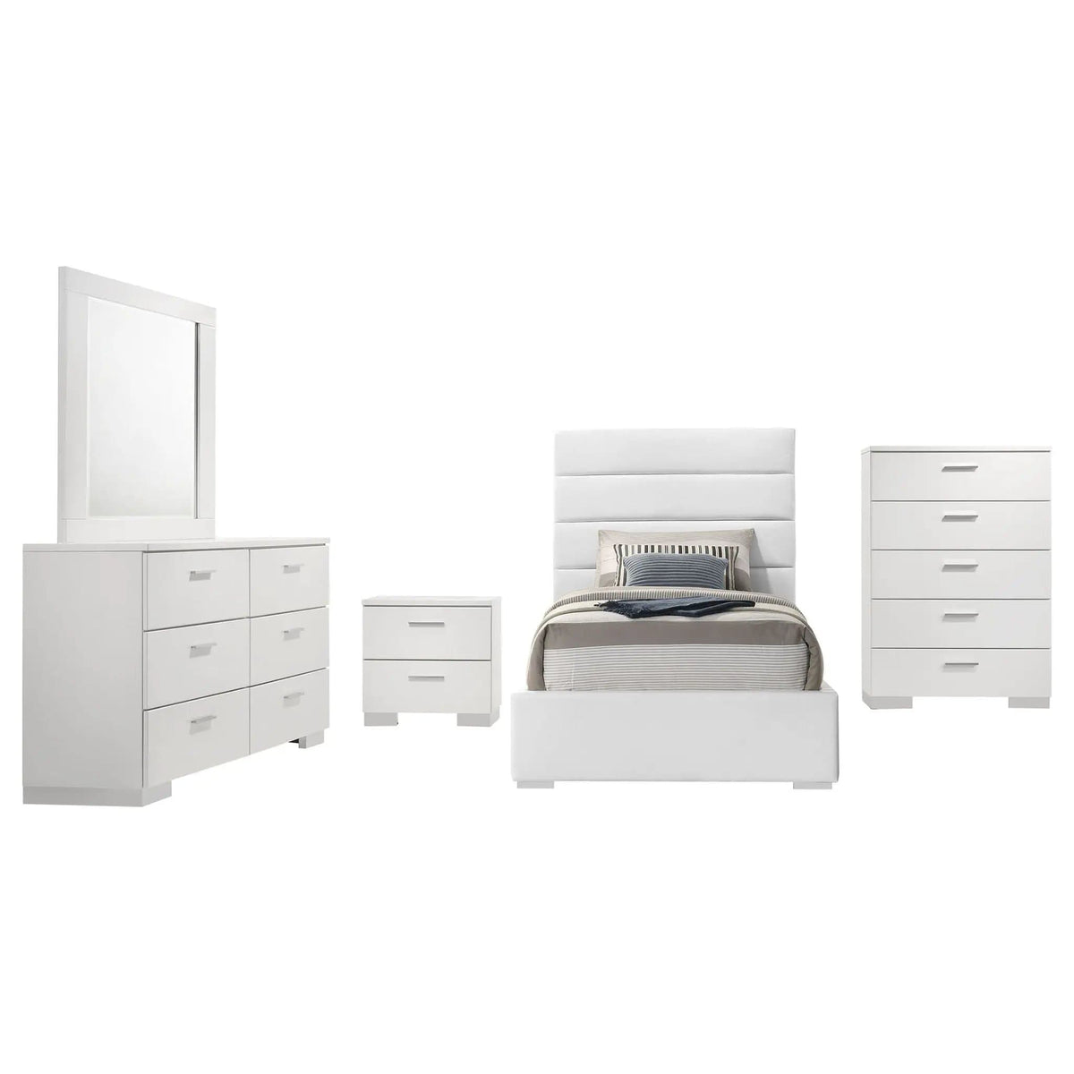 Felicity 5-piece Twin Bedroom Set White High Gloss (Style 2) | 5-Piece Set | Faux Leather & Metal | Bedroom