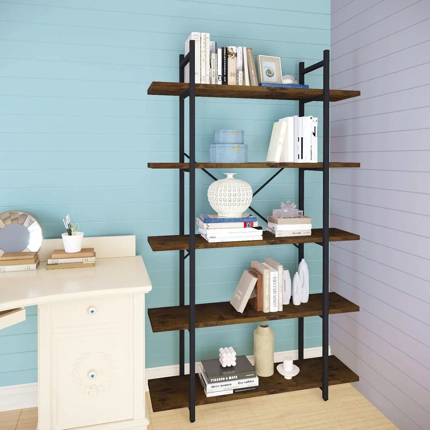 Five Tier Bookshelf Organizer Rustic Brown Metal Shelving from PriceLows™