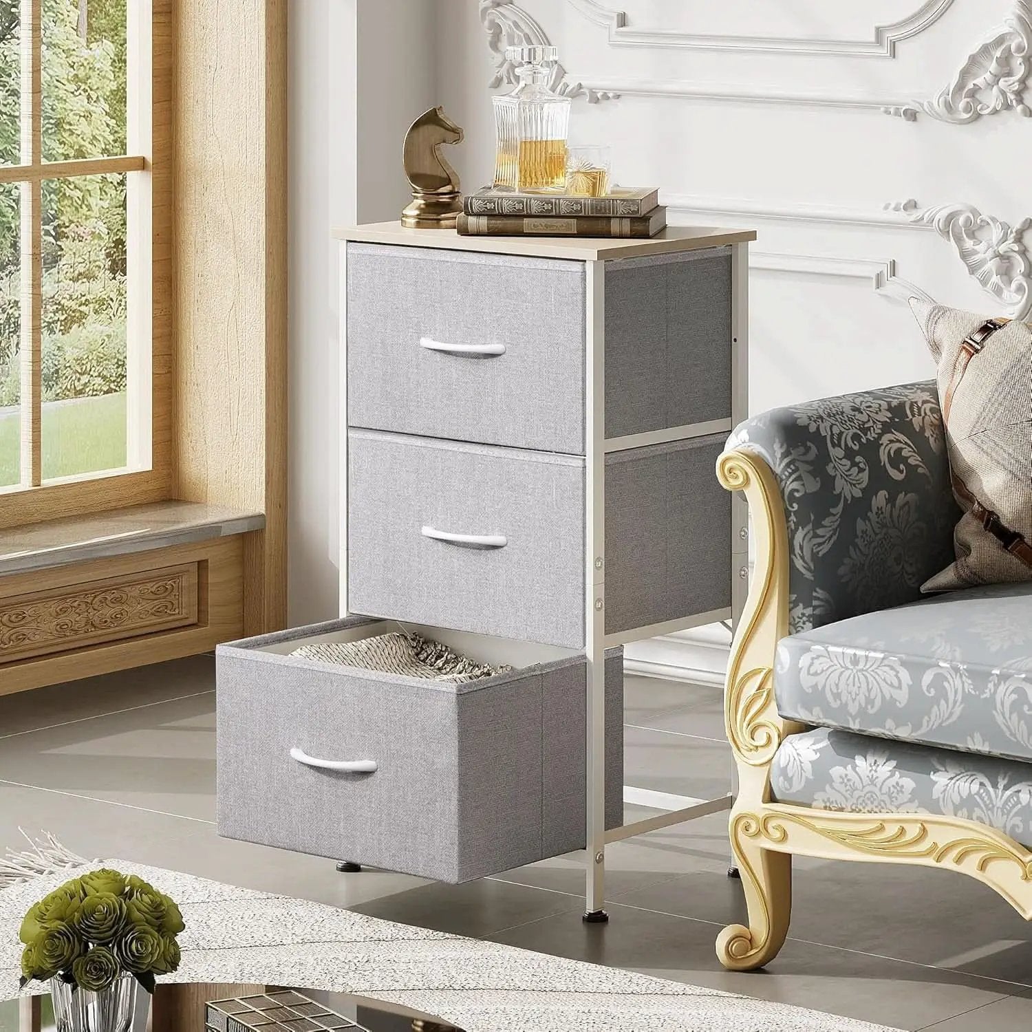 Light Grey Nightstand With 3 Drawers For Bedroom Hallway from PriceLows™