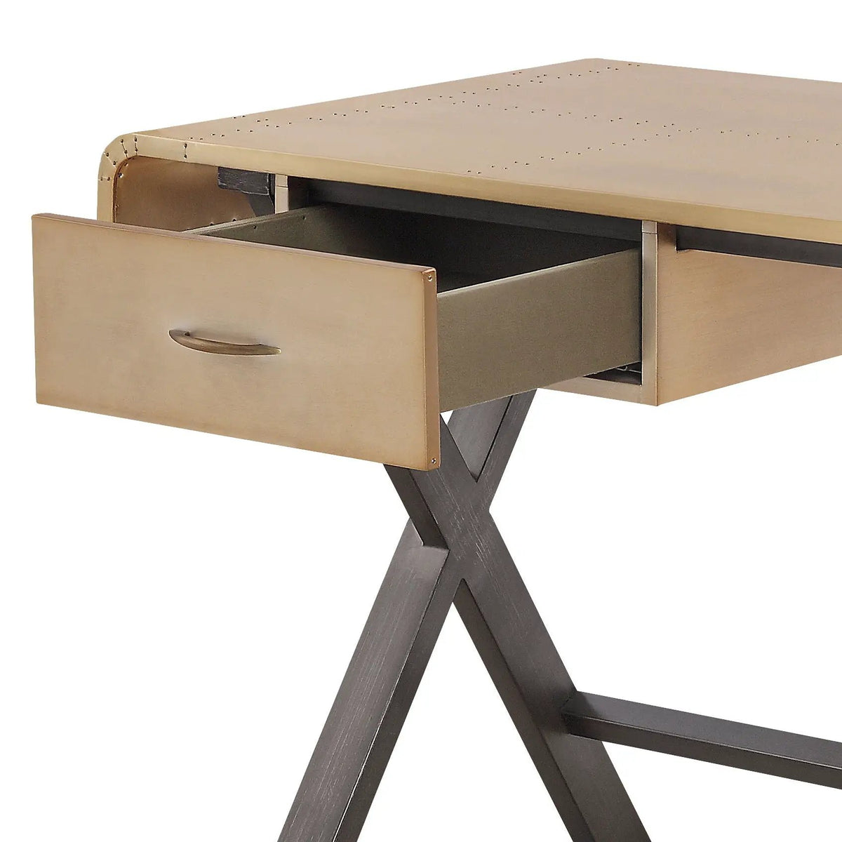 Danton Writing Desk | Gold Aluminum Top | X-Shape Metal Base | Full-Extension Drawer