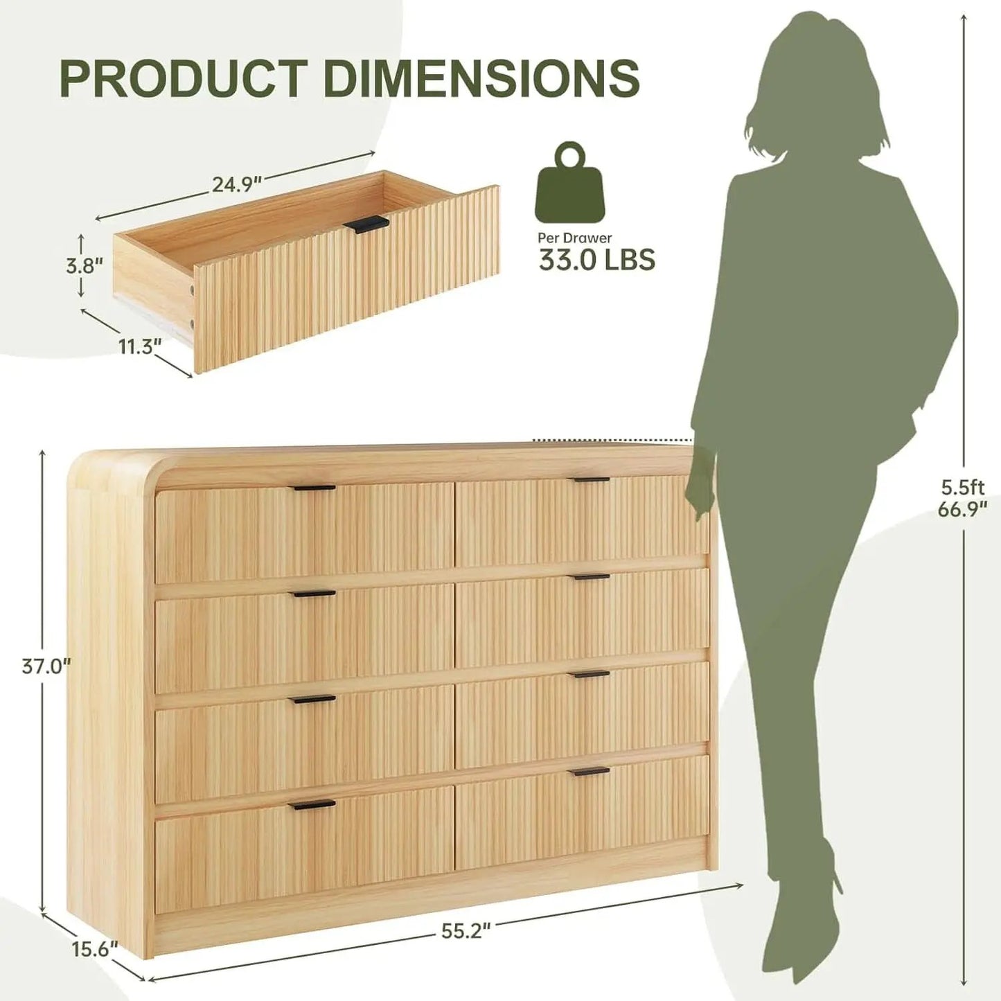 Natural Oak Fluted 8 Drawer Dresser 55 Inch Wide Bedroom from PriceLows™