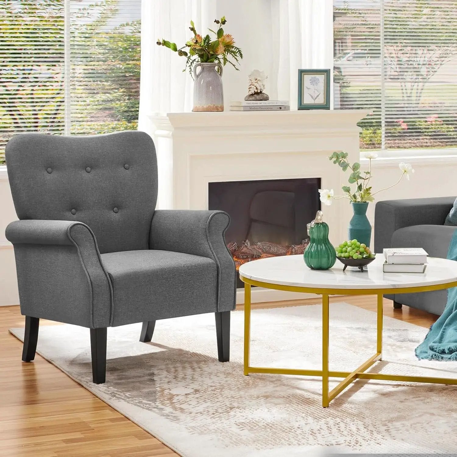 Dark Gray Mid Century Upholstered Armchair Tufted Back from PriceLows™