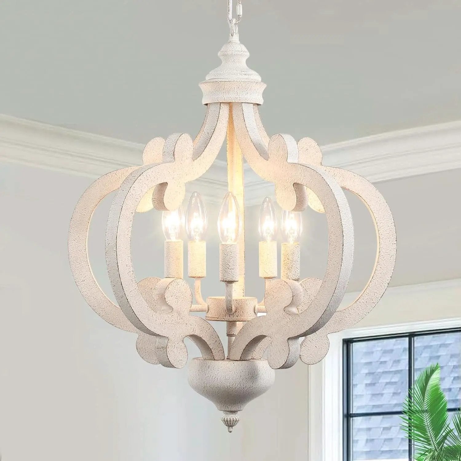 Wooden Farmhouse Chandelier Distressed White Five Lights from PriceLows™