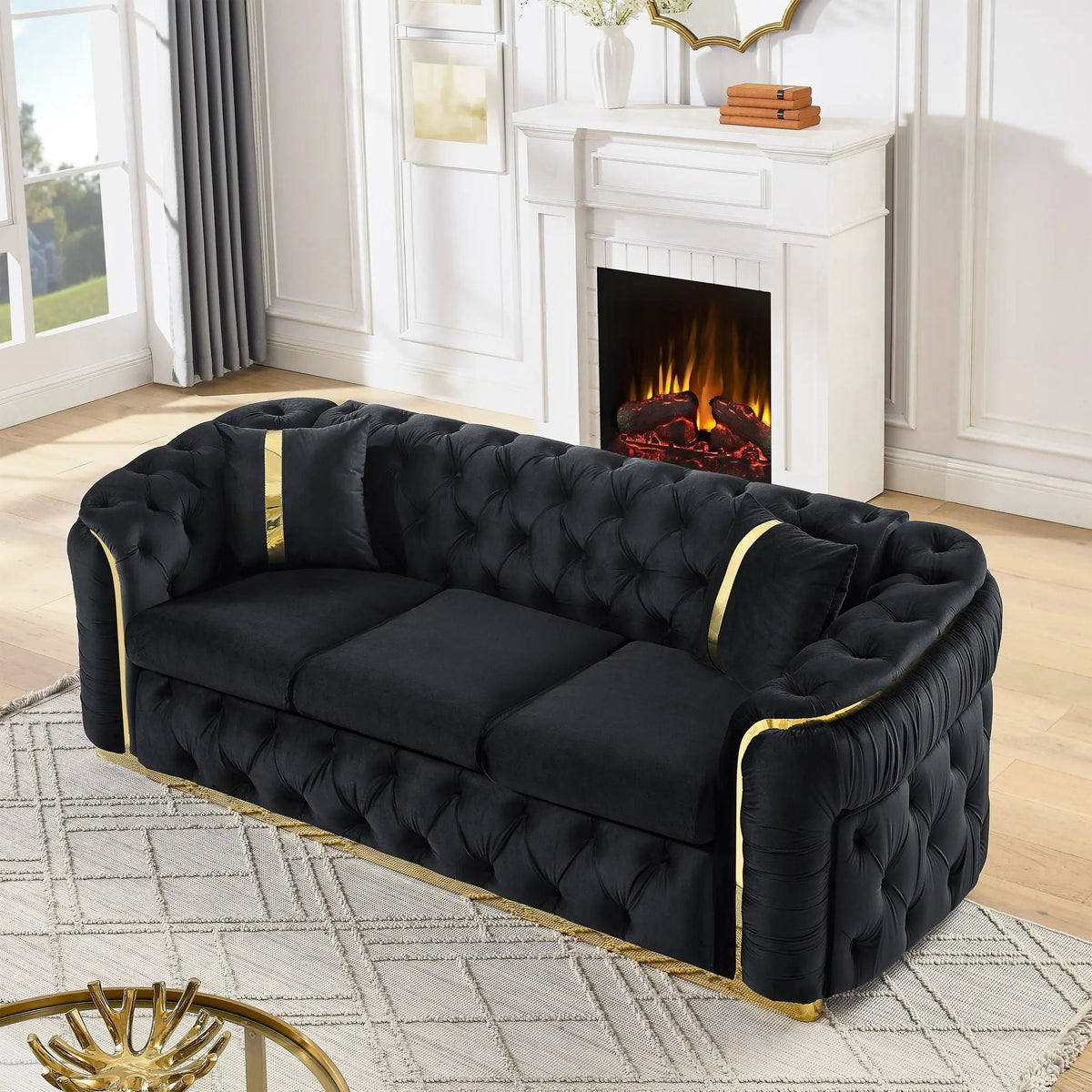 Button Tufted Chesterfield Sofa | 3 Seater | 2 Decorative Pillows | 90.6 Inch Length