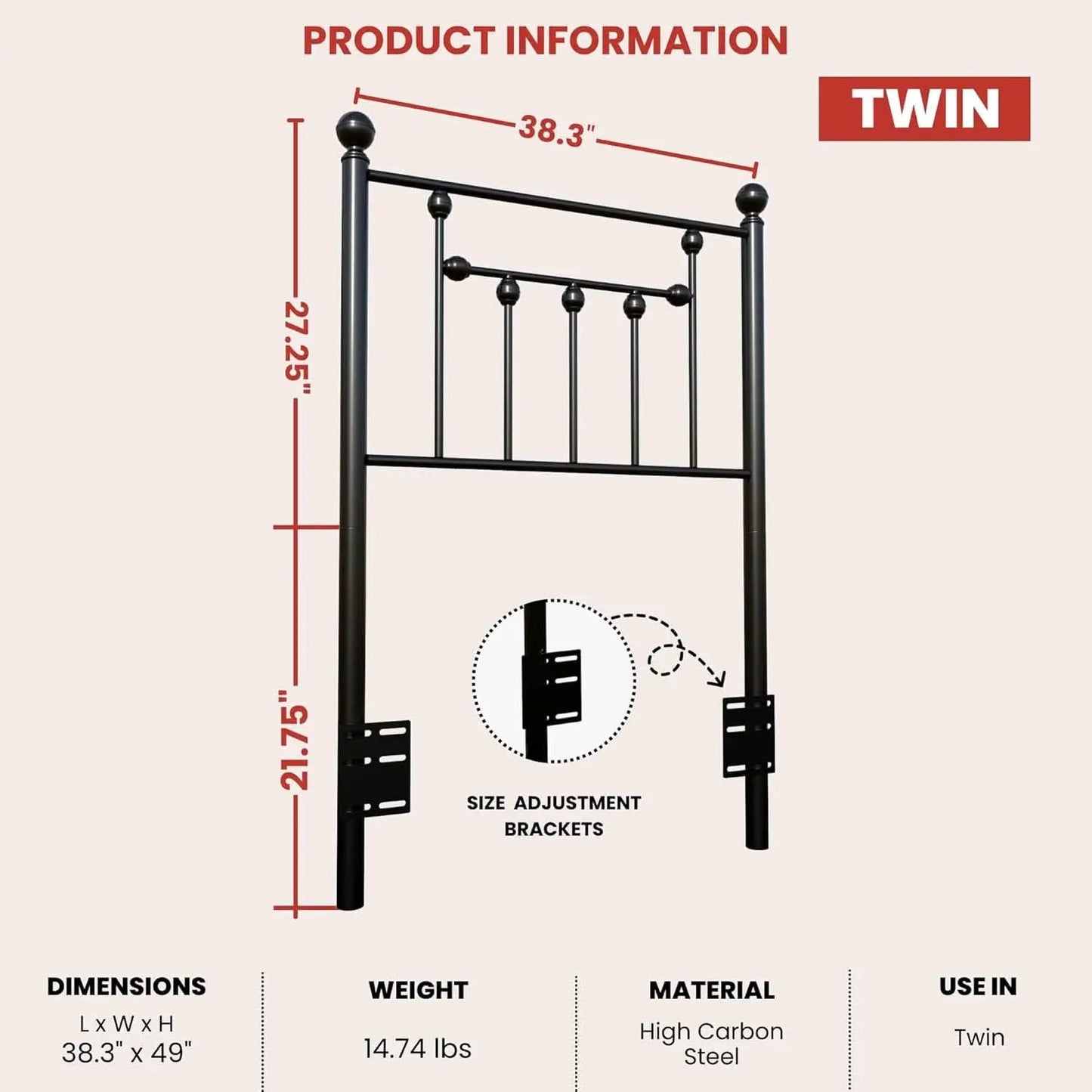 Victorian Twin Size Metal Bed Frame with Adjustable Headboard from PriceLows™