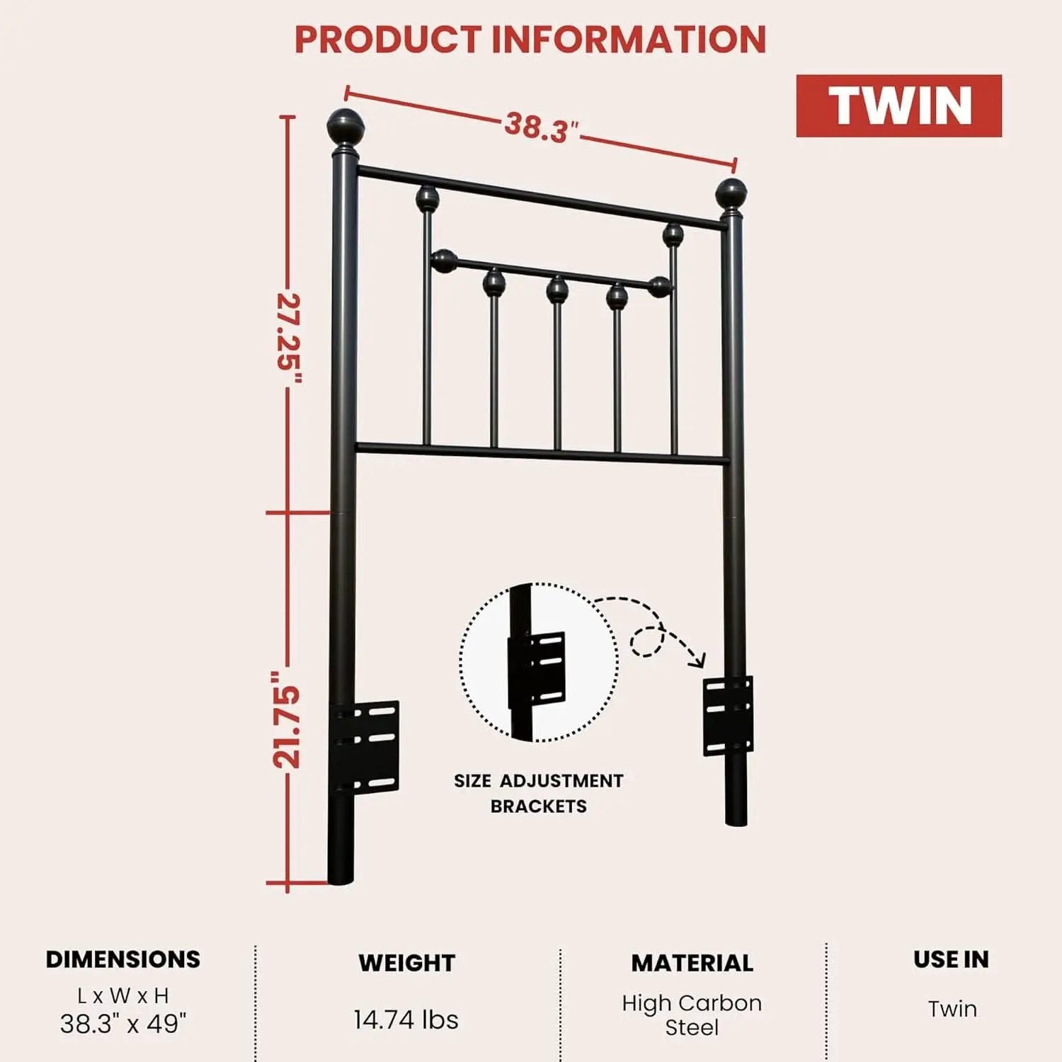 Victorian Twin Size Metal Bed Frame with Adjustable Headboard from PriceLows™