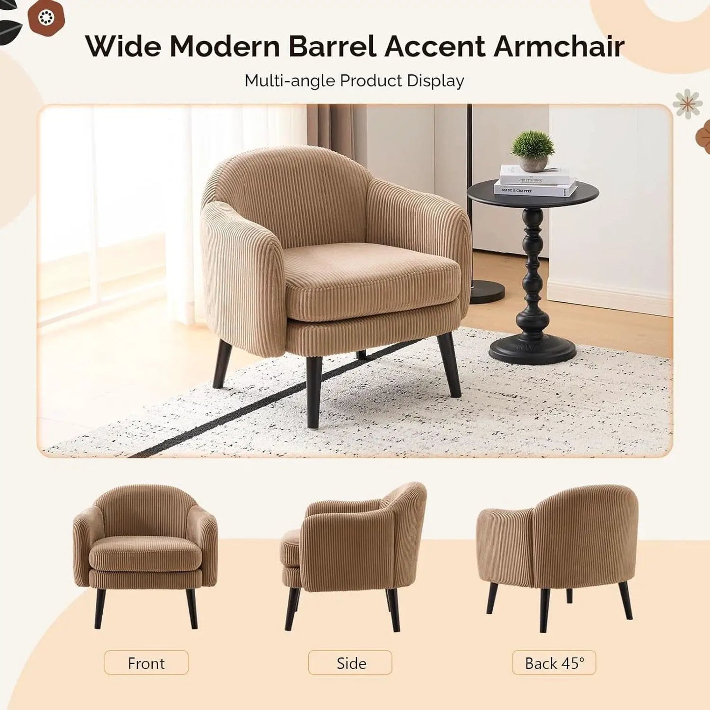 Luxurious Khaki Corduroy Barrel Chair Set 30Inches from PriceLows™