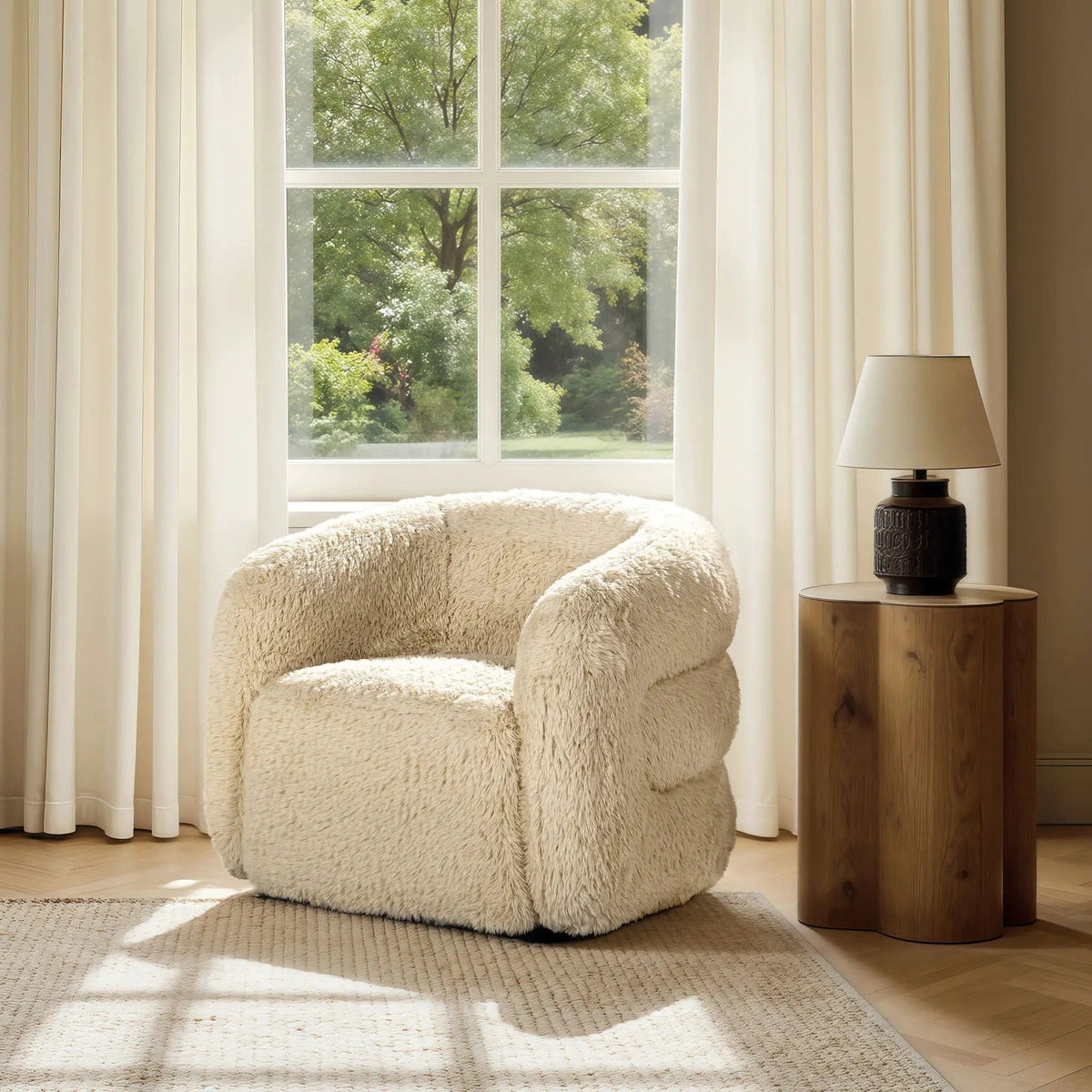 Colt Fur Swivel Upholstered Barrel Accent Arm Chair | 31.5 x 33 x 28 in | Living Room Furniture | Cream Beige