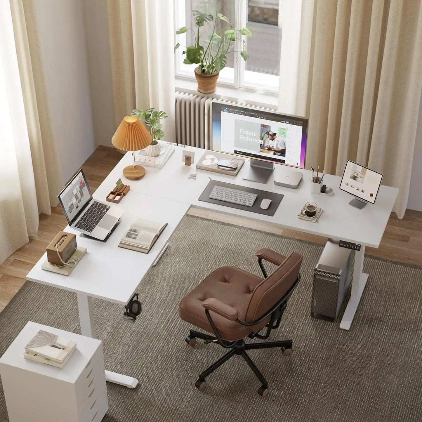 Electric L Shaped Standing Desk 63X55 White Sit Stand from PriceLows™