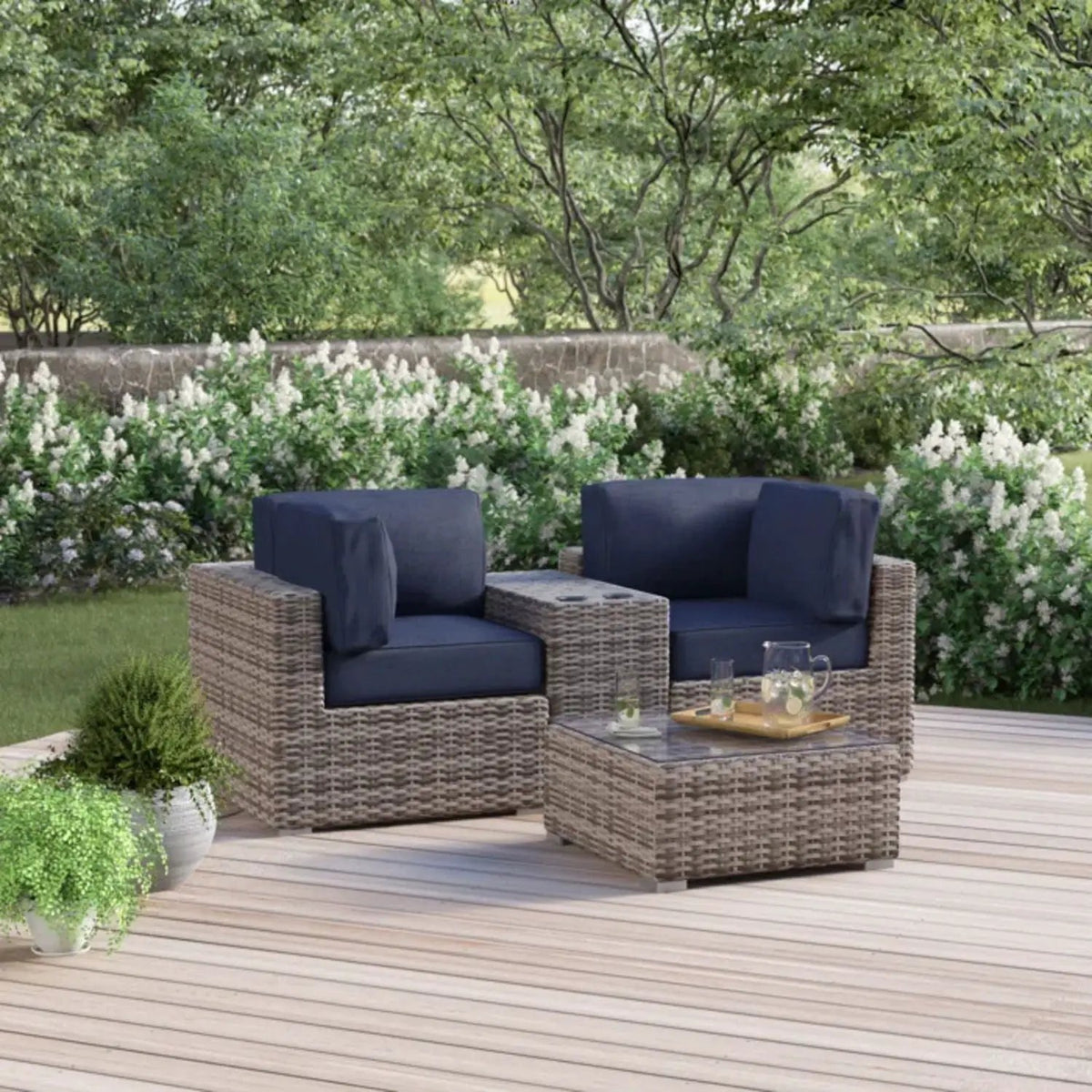 Wicker Seating Group Set | Table And Cushions Included | Aluminum Frames | Hand-Woven Wicker