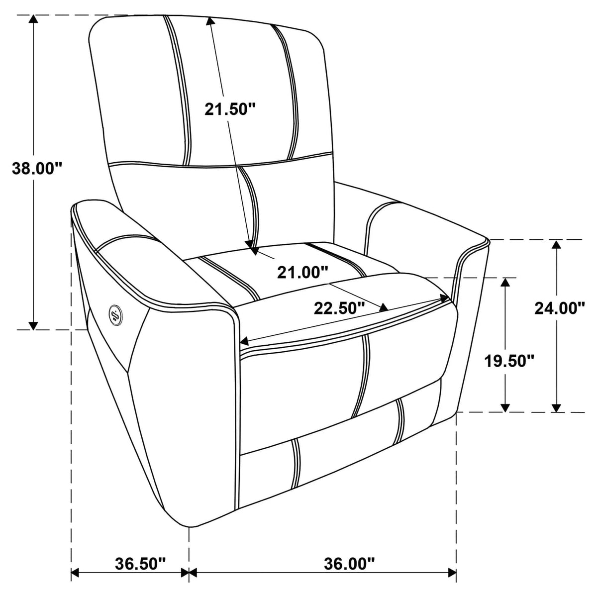 Denson Upholstered Power Recliner Chair With USB Charging And Smooth Button Recline | 36.5 x 37 x 39.75 in | Living Room Furniture | Brown