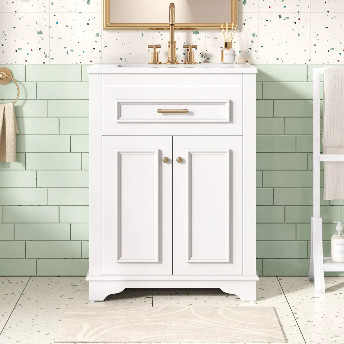 Bathroom Vanity With Integrated Sink, 2 Door Cabinet With Tip Out Drawer | 3 Pieces | Solid Wood & Iron | Bathroom