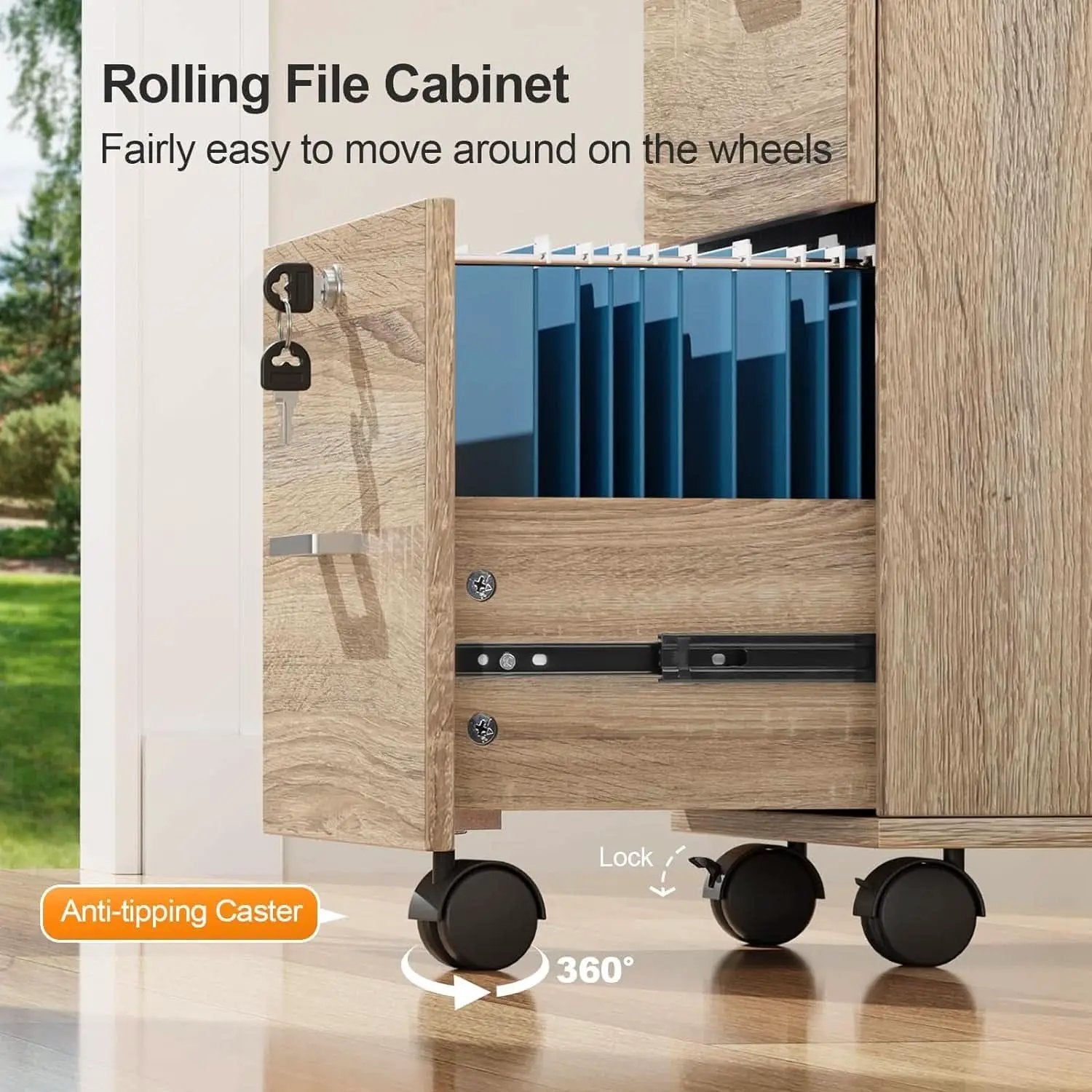 Oak 3 Drawer File Cabinet With Lock Rolling Printer Stand from PriceLows™