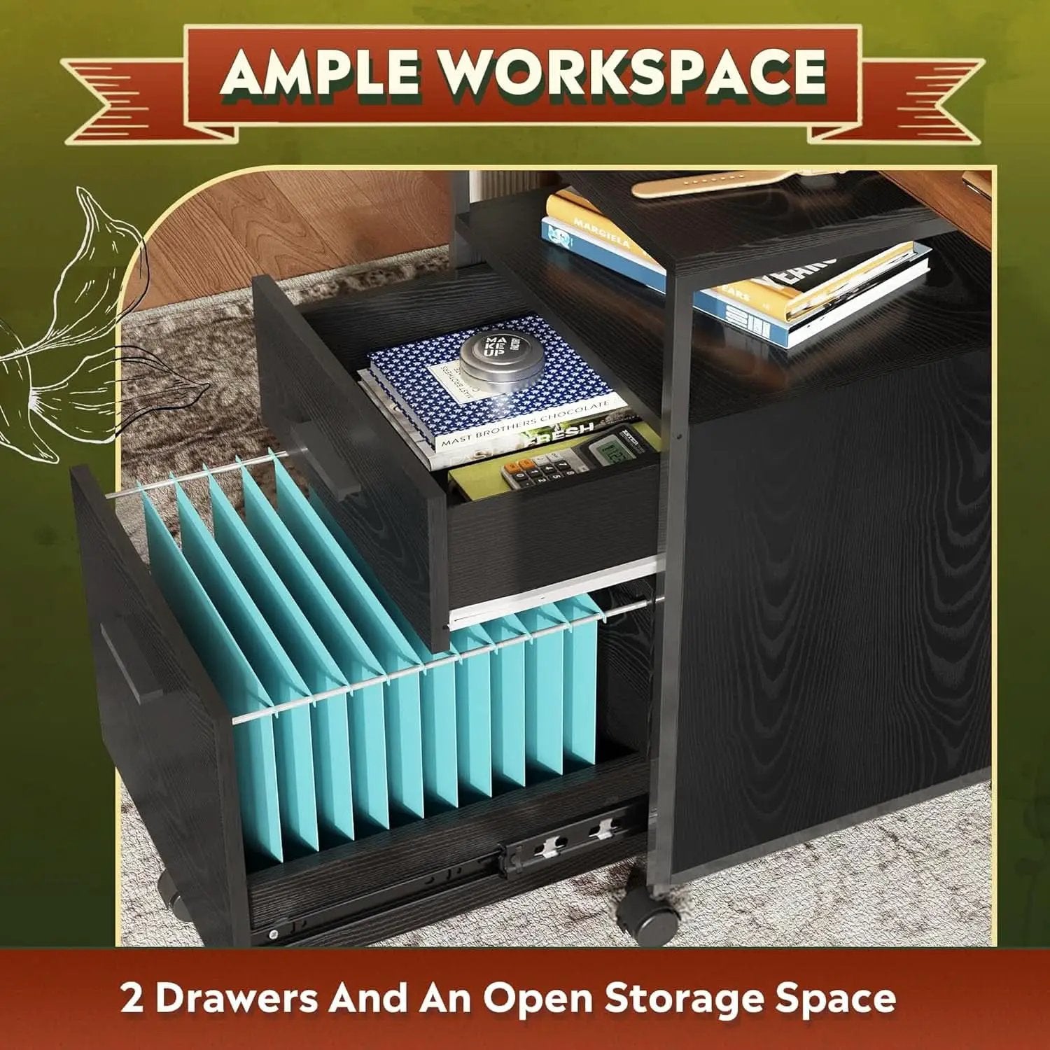 2 Drawer Mobile File Cabinet With Open Storage Shelf Black from PriceLows™
