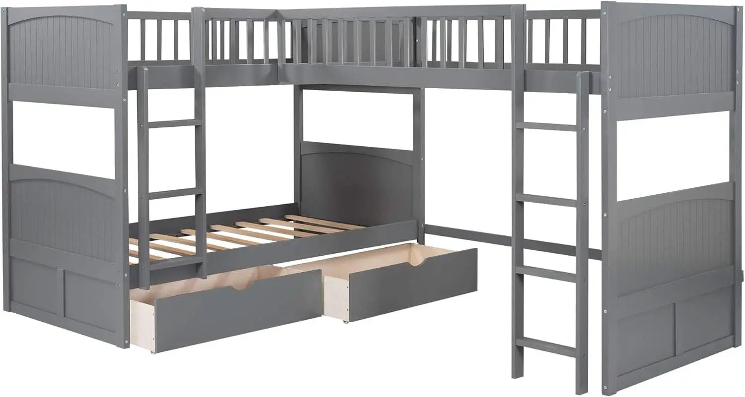 Triple Bunk Bed for Kids L Shaped Solid Wood Gray Twin Size from PriceLows™