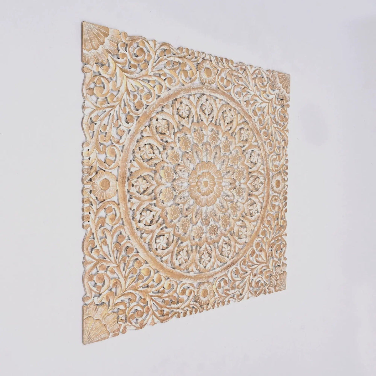 Floral Hand Carved Mandala Square Wall Decor With Spiritual Symbolism Gold / | 48 x 0.66 x 48 in | Wood | White