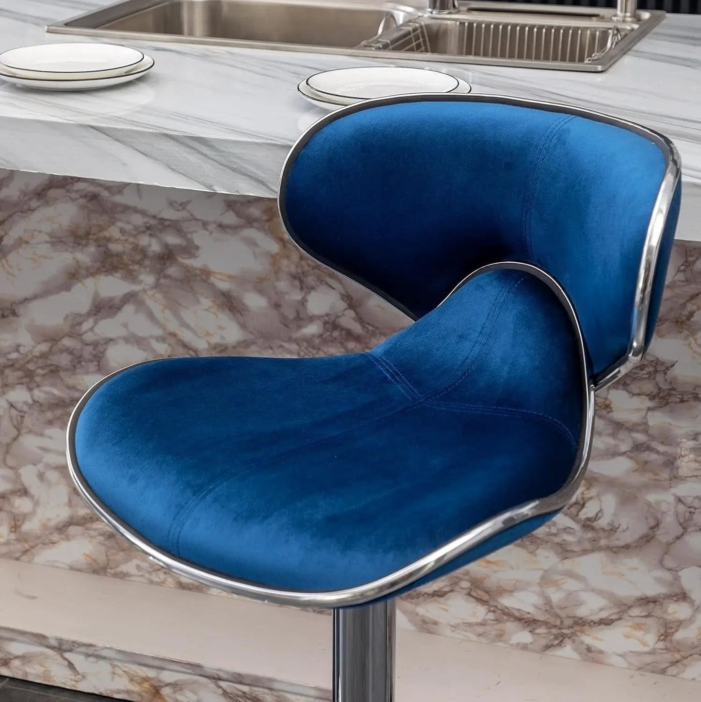 Blue Velvet Upholstered Adjustable Swivel Barstool Set Of 2 from PriceLows™