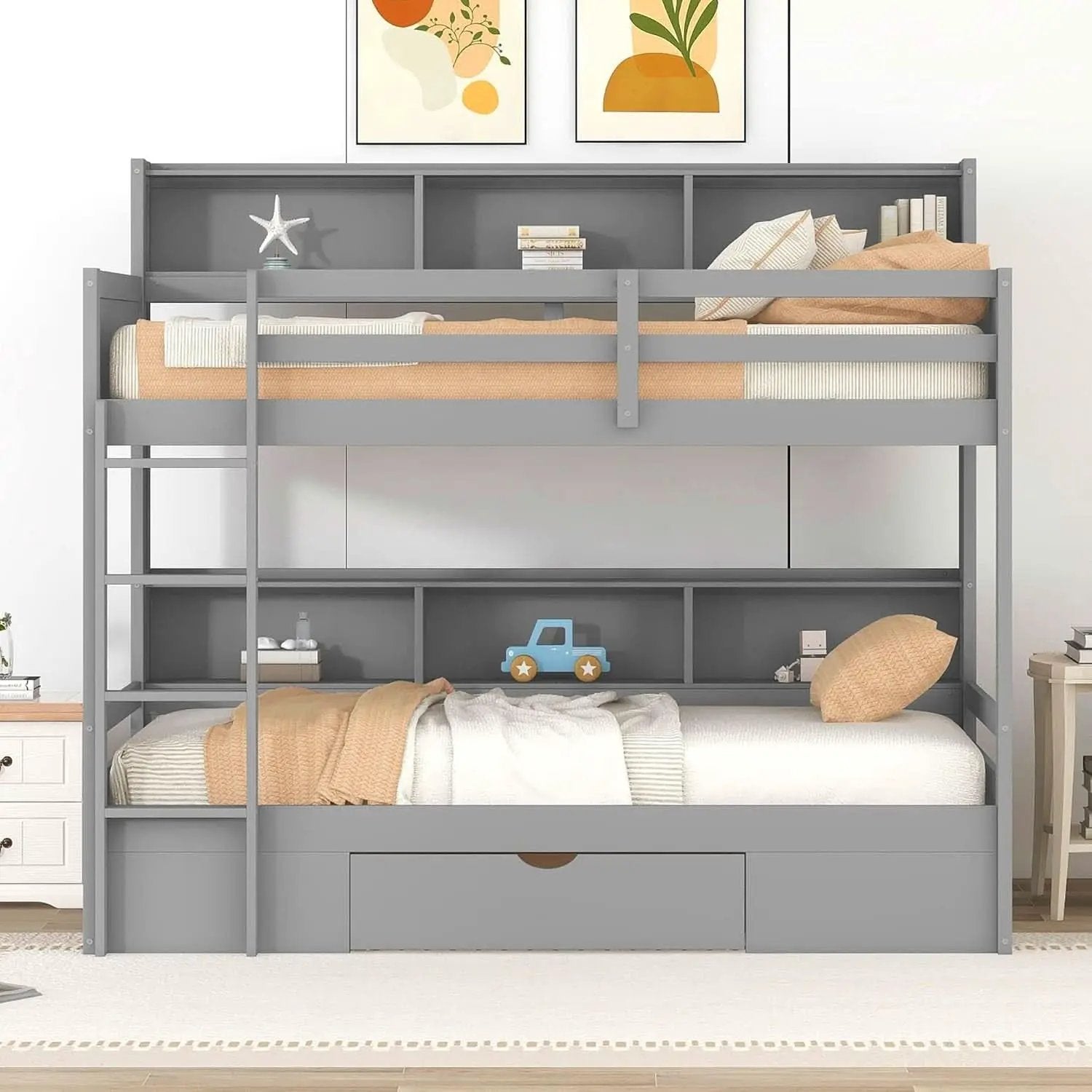 Gray Twin Over Twin Bunk Bed With Storage Drawers Shelves from PriceLows™