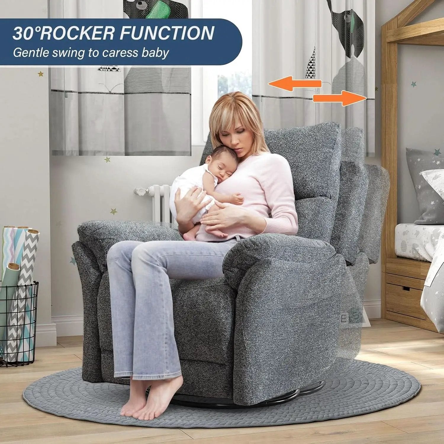 Swivel Rocker Recliner Chair Gray Fabric For Small Spaces from PriceLows™