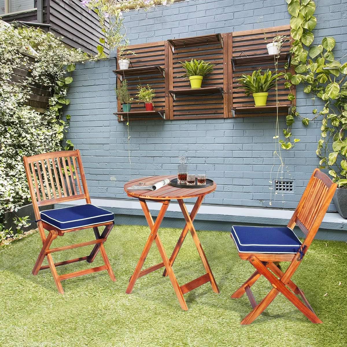 Patio Bistro Set With Wood Table And Navy Cushioned Chairs from PriceLows™