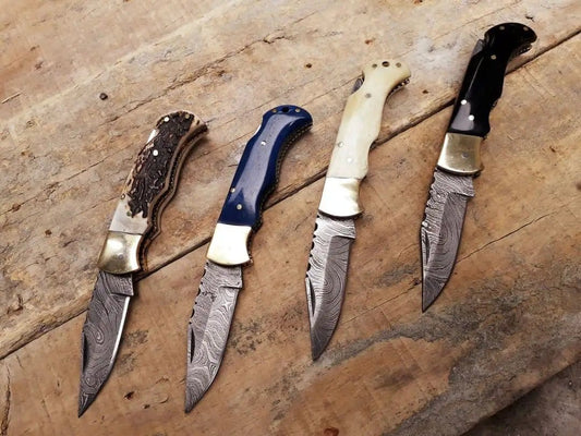 4 Damascus Steel Folding Pocket Knives | Damascus Steel | Hunting & Survival Knife | Home