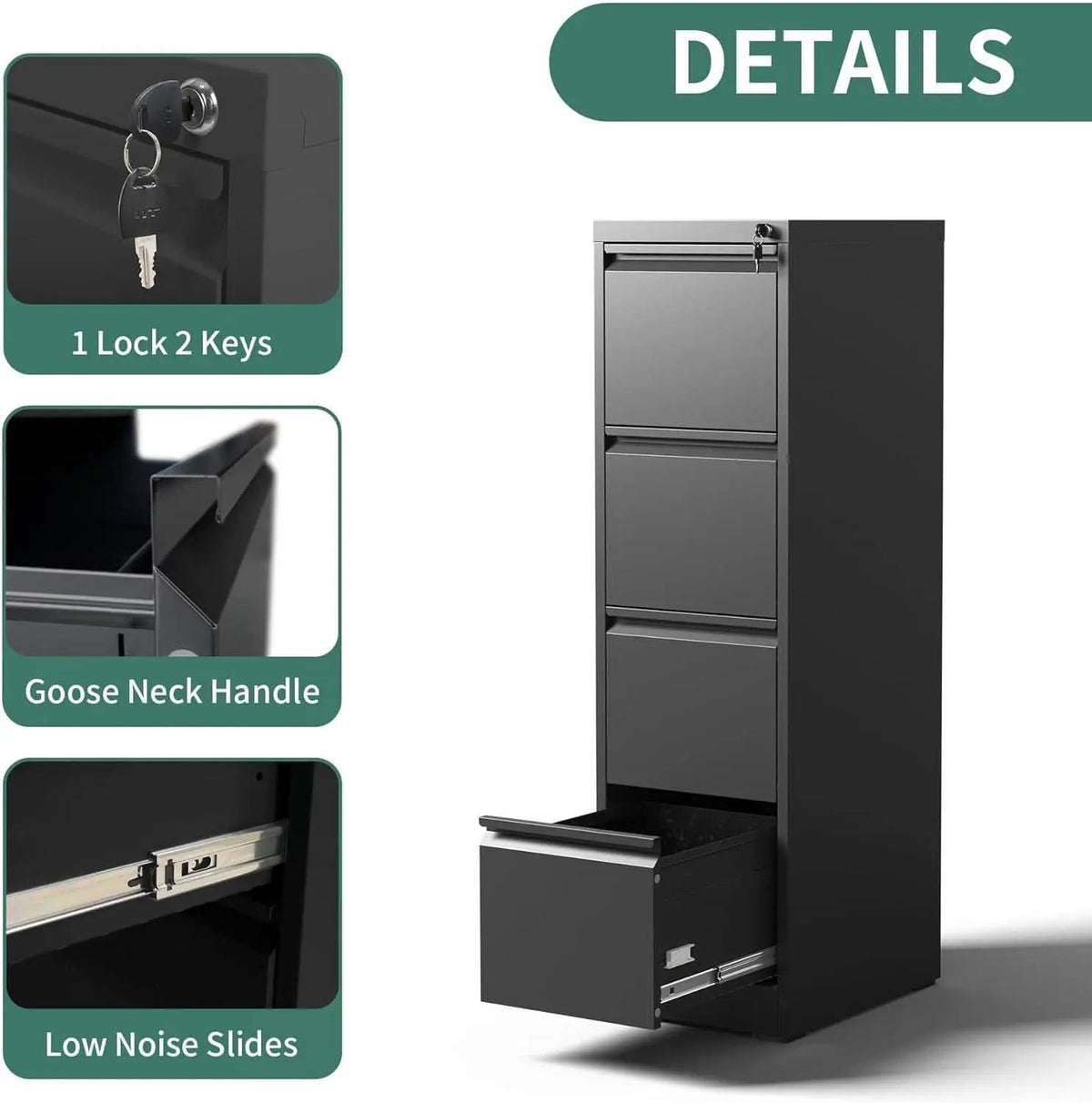 4 Drawer File Cabinet With Lock Black Metal Vertical Filing Cabinet from PriceLows™