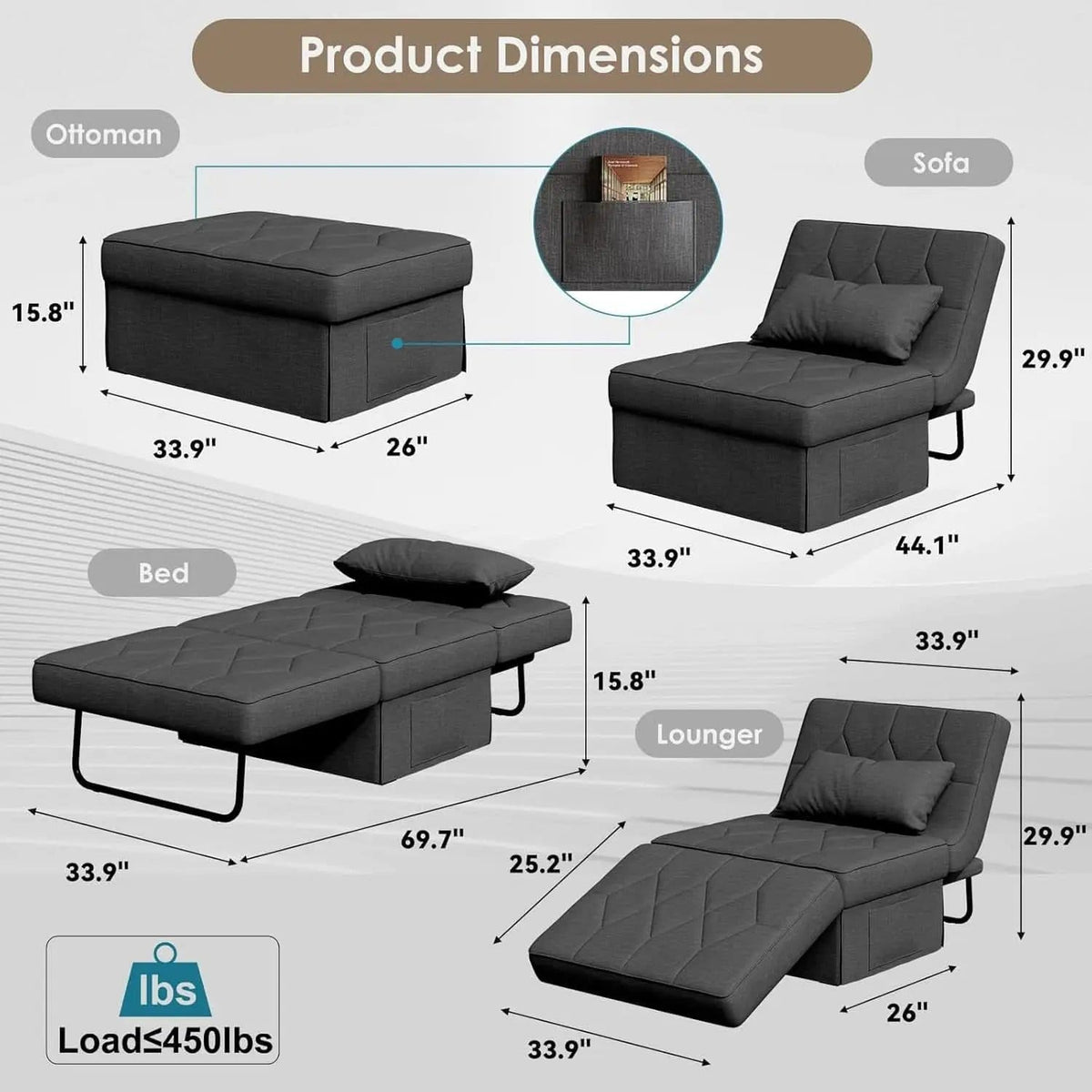 4 In 1 Convertible Sleeper Sofa Bed With Ottoman from PriceLows™