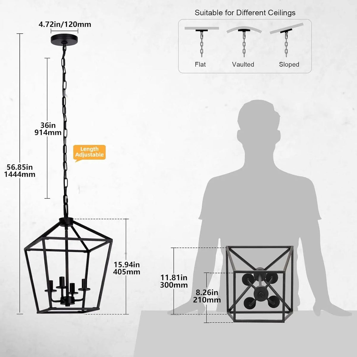 4 Light Black Lantern Chandelier With Adjustable Height from PriceLows™