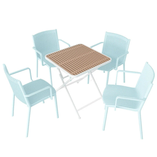 4 Modern Stackable Plastic Armchair Matched With Folding Square Table 5 Piece | 5 Piece Outdoor Set | Metal | Outdoor Living