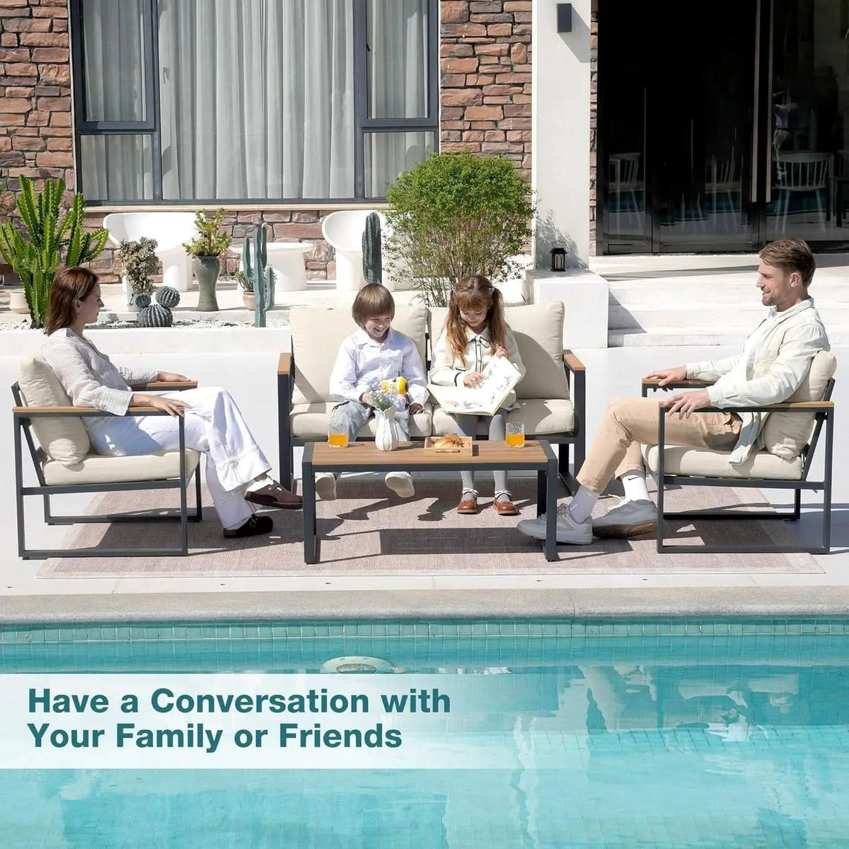 4 Piece Patio Set With Coffee Table Beige Metal Frames And Washable Cushions from PriceLows™