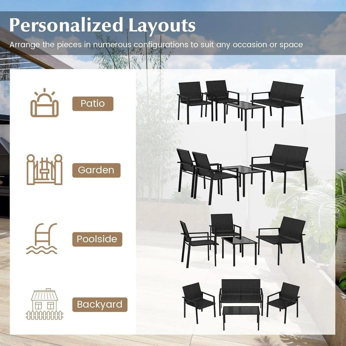 4 Piece Wicker Patio Conversation Set Black Coffee Table from PriceLows™
