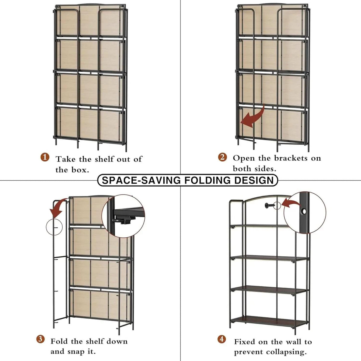 4 Tier Black Folding Bookshelf for Living Room Home Office from PriceLows™