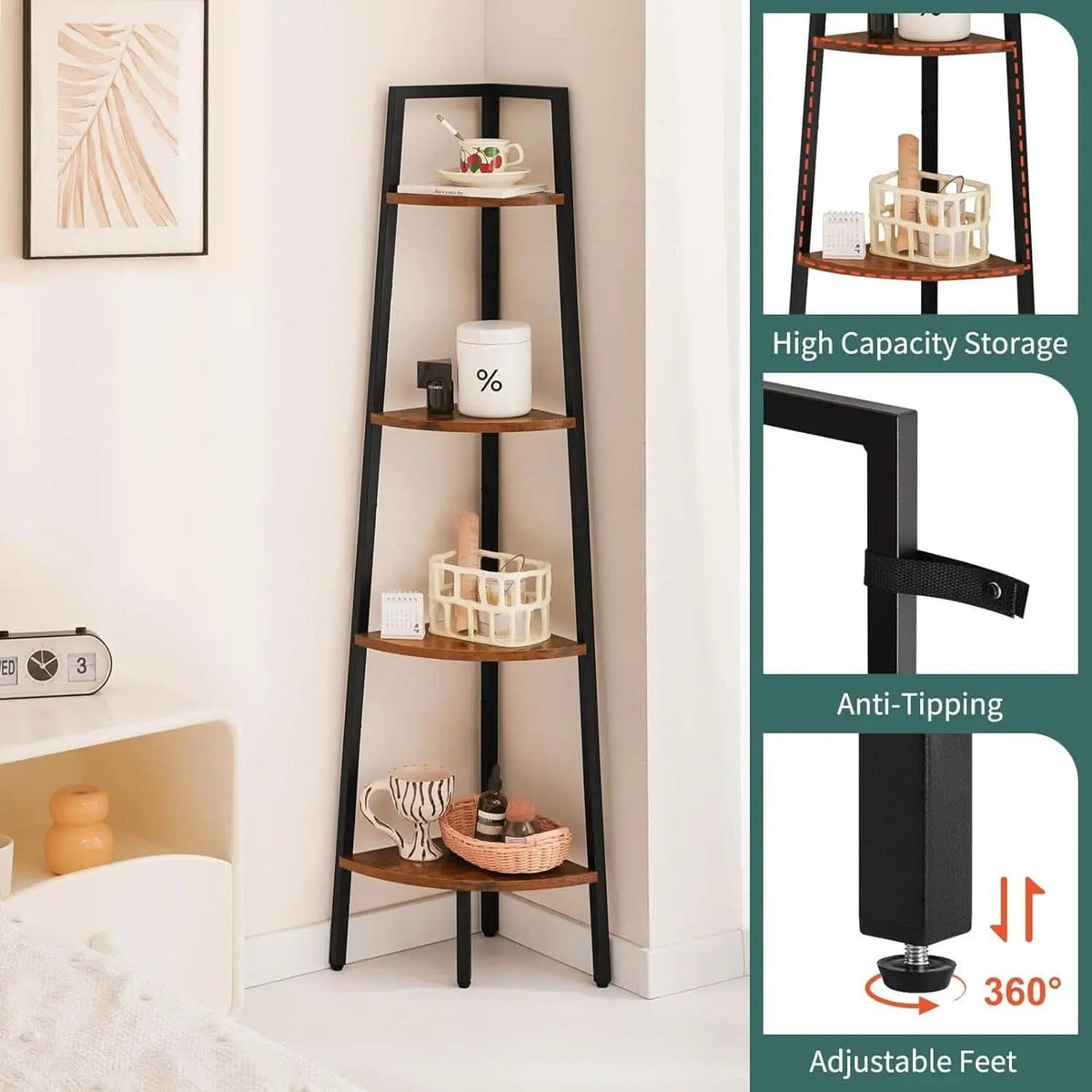 4 Tier Corner Bookshelf With Metal Frame Ladder Display from PriceLows™