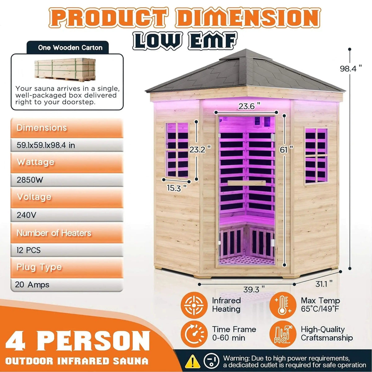 Monaco 4 Person Low EMF Spruce Wood Outdoor Infrared Sauna With Bluetooth Speakers | 4-Person | Wood | Outdoor Living