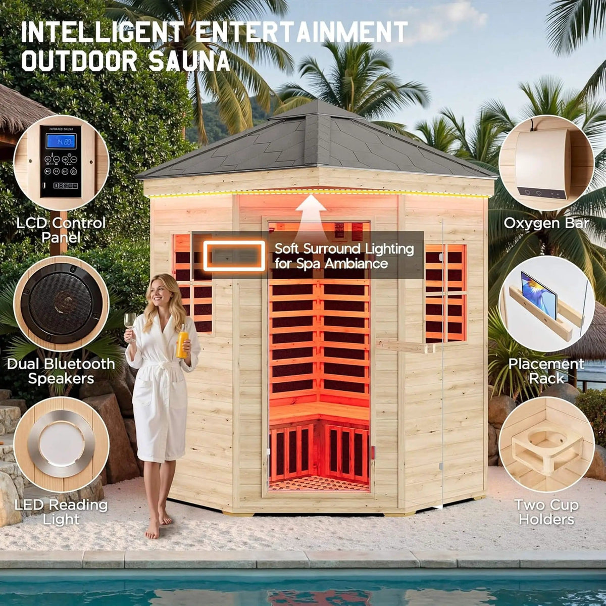 Monaco 4 Person Low EMF Spruce Wood Outdoor Infrared Sauna With Bluetooth Speakers | 4-Person | Wood | Outdoor Living