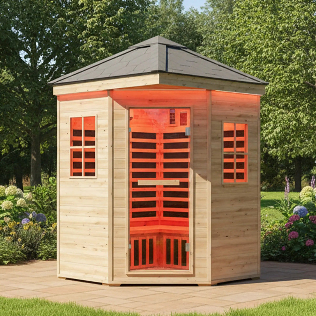Monaco 4 Person Low EMF Spruce Wood Outdoor Infrared Sauna With Bluetooth Speakers | 4-Person | Wood | Outdoor Living