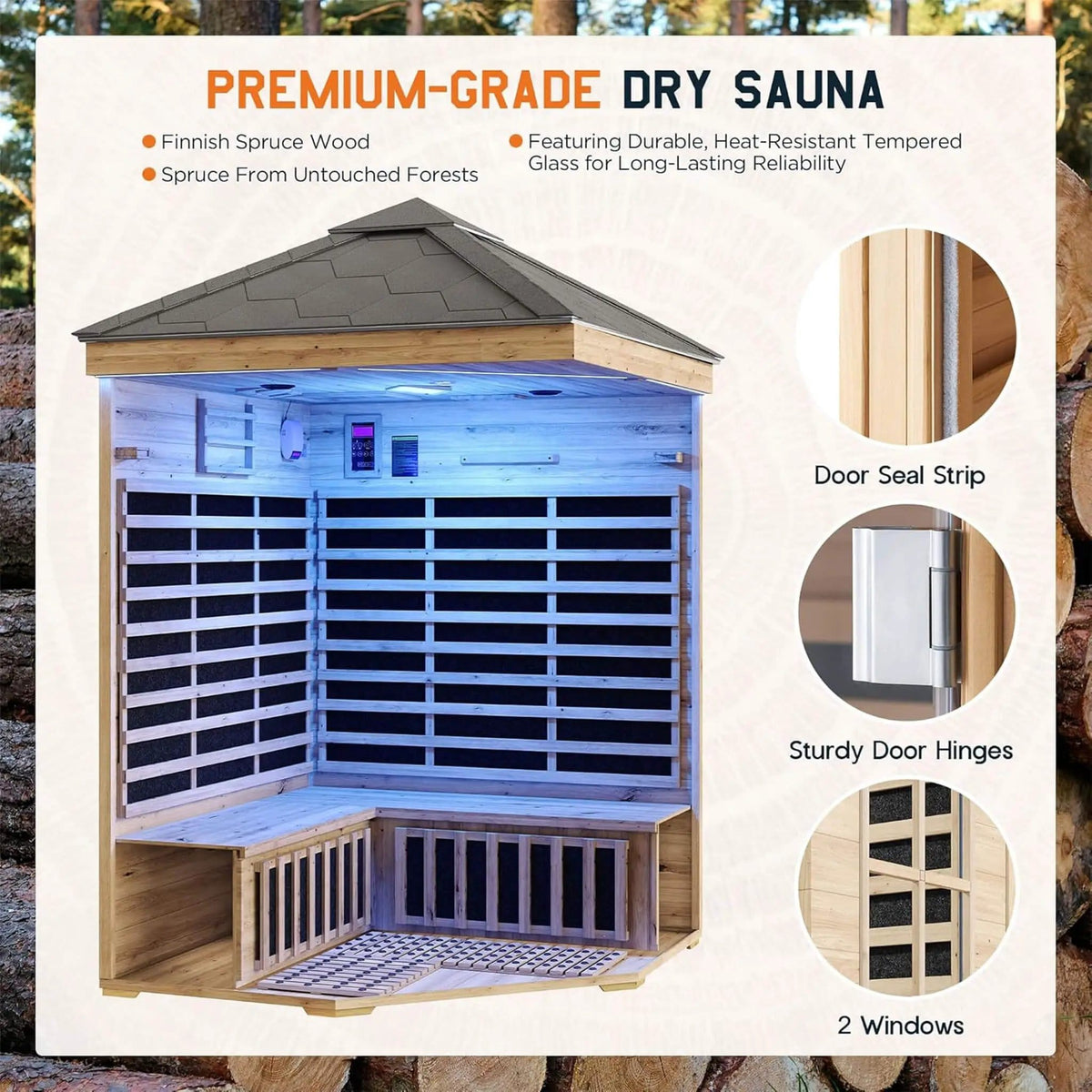 Monaco 4 Person Low EMF Spruce Wood Outdoor Infrared Sauna With Bluetooth Speakers | 4-Person | Wood | Outdoor Living
