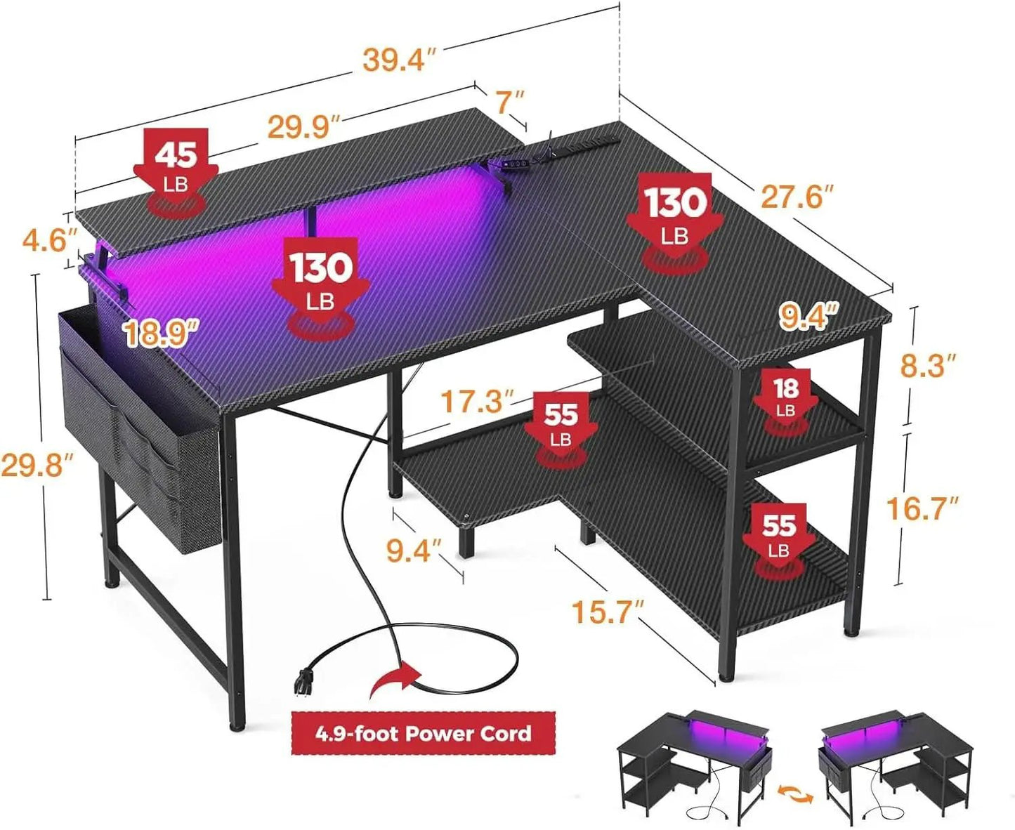 40 Inch Gaming Desk With USB Ports And LED Lights Black from PriceLows™
