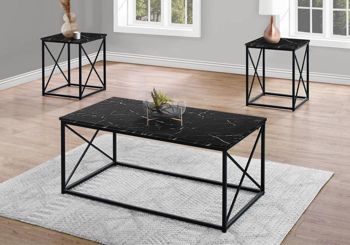 Marble Look Coffee Table Set | Set Of 3 | Metal X Design Frame | Contemporary Modern Style