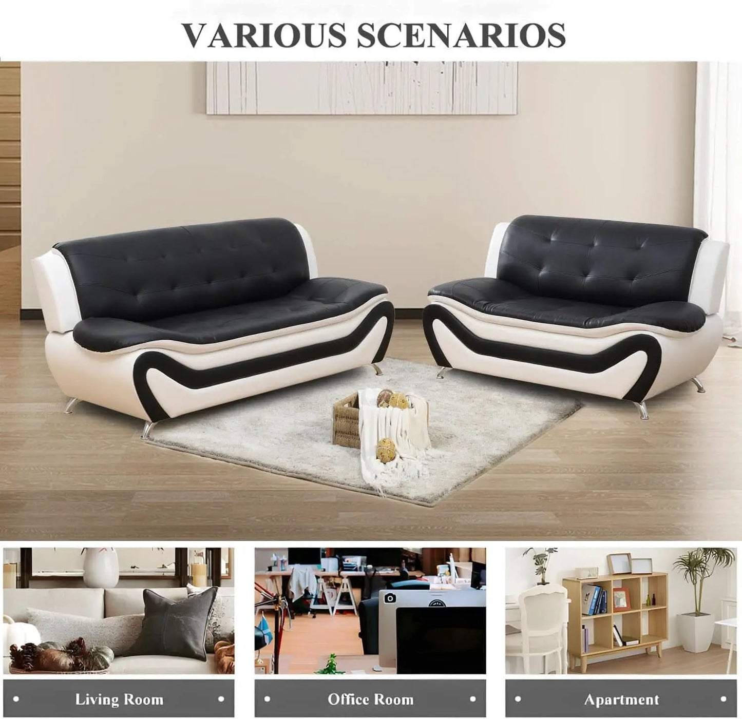 Faux Leather Sofa And Loveseat Set 2 Piece White And Black from PriceLows™