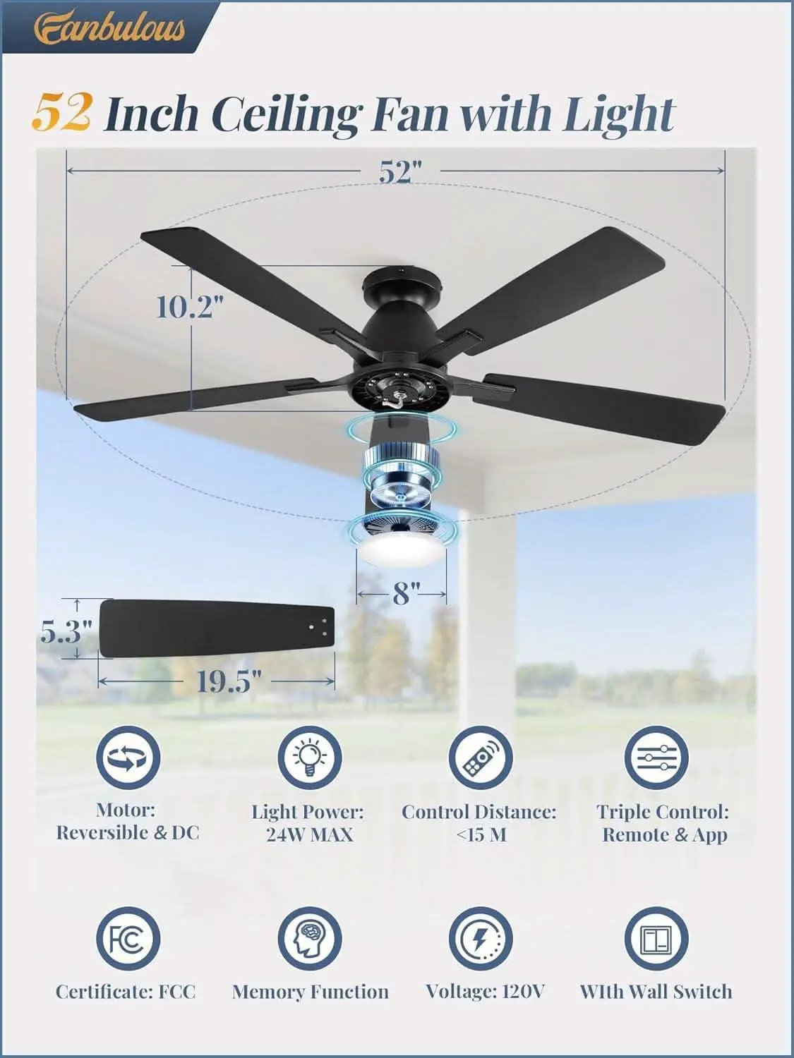52 Inch Ceiling Fan With Lights Remote App Control from PriceLows™