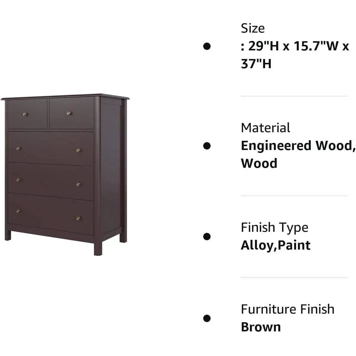 Dark Brown Modern 5 Drawer Chest of Drawers for Bedroom from PriceLows™