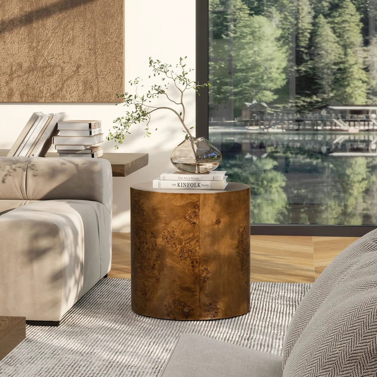 Nebula Oval Pillar Side Table | Burl Wood Veneer | 20 Inch Height | Accent Table