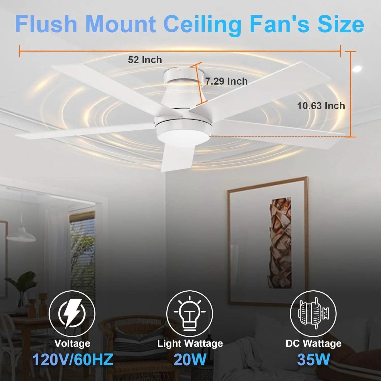 52 Inch White Ceiling Fan With Dimmable LED Lights from PriceLows™