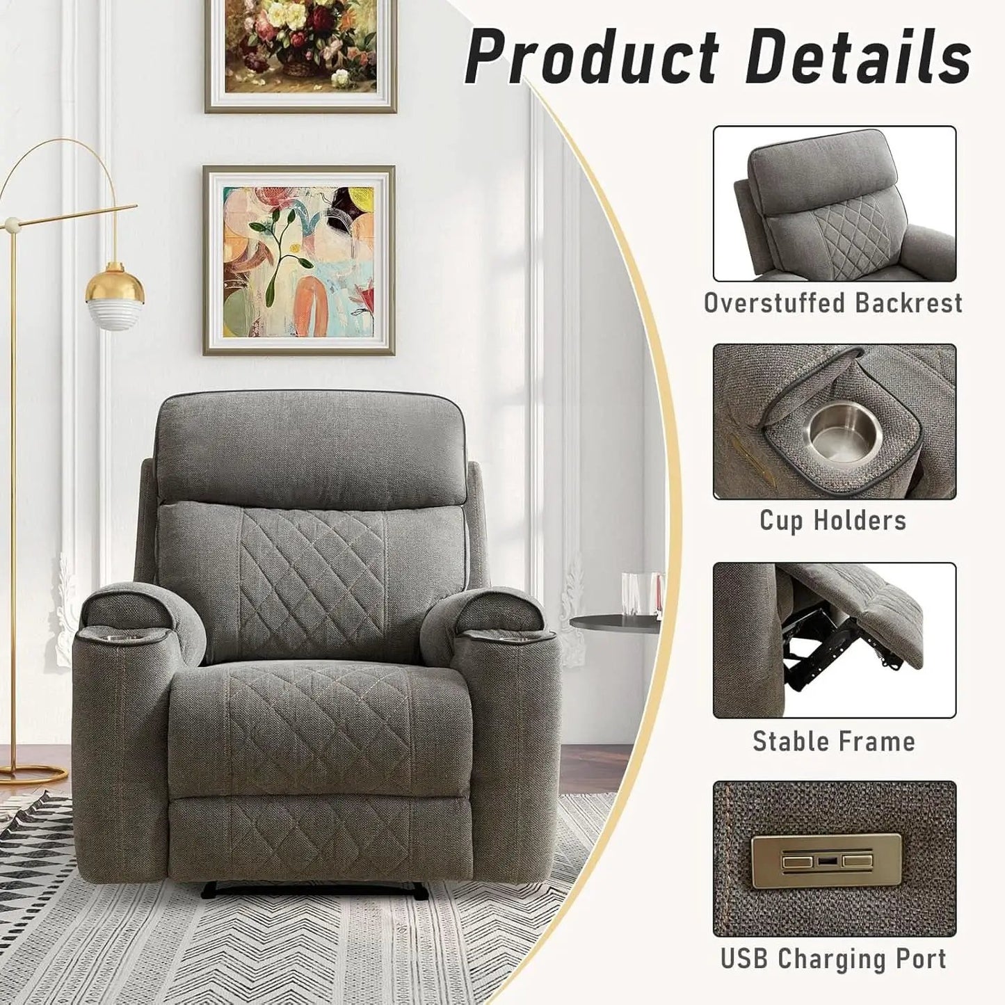 Electric Recliner Chair With USB Charging And Cup Holders from PriceLows™