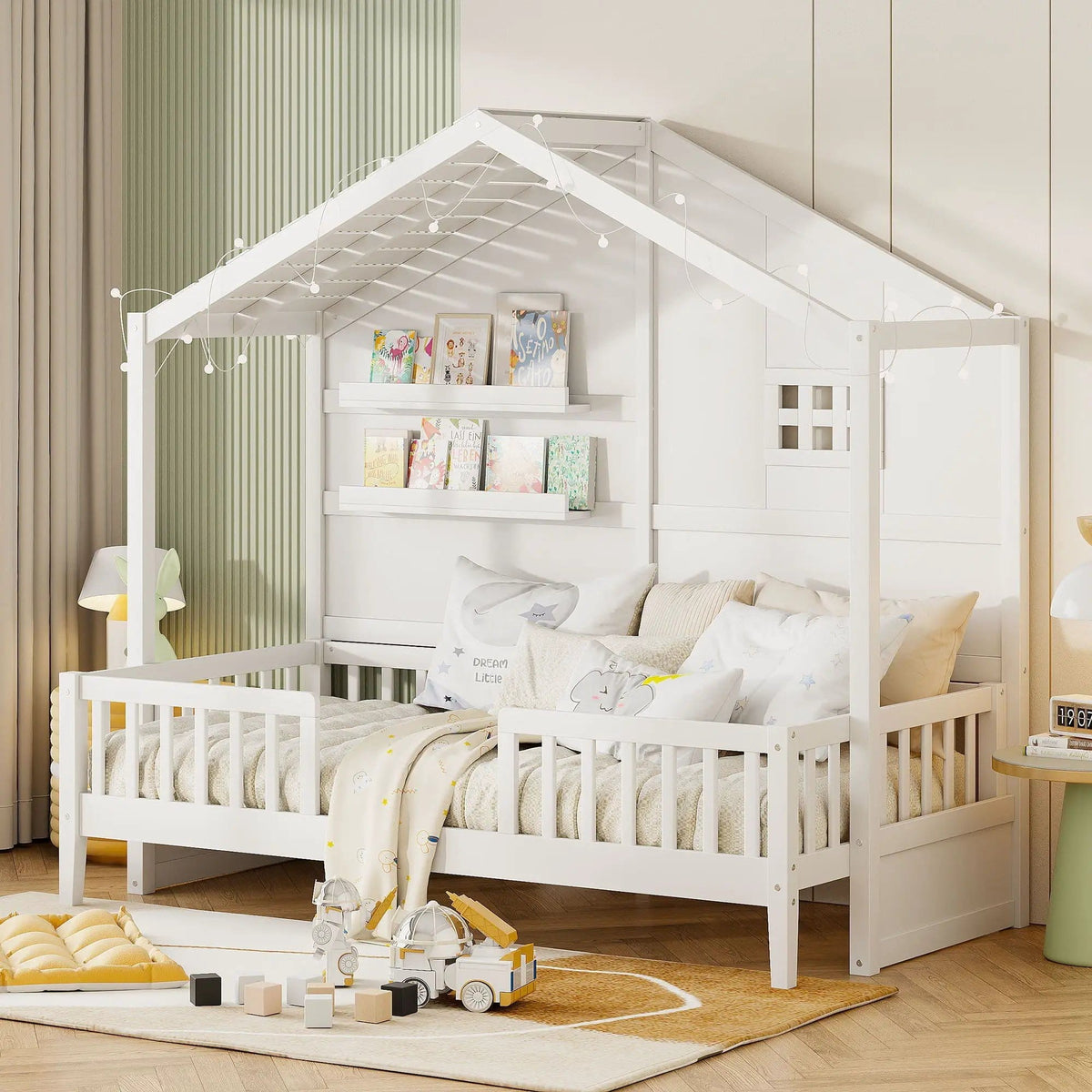 House Bed With Shelves, Window And Sparkling Light Strip On The Roof | 2 Pieces | Bedroom Furniture | Bedroom