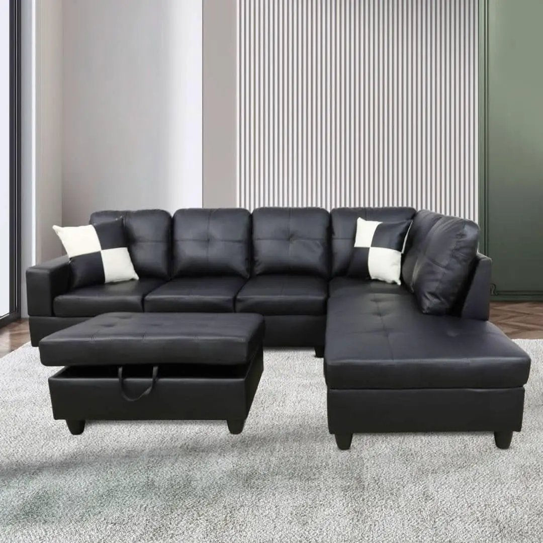 Black L Shaped 3 Piece Faux Leather Sofa Set With Storage Ottoman from PriceLows™